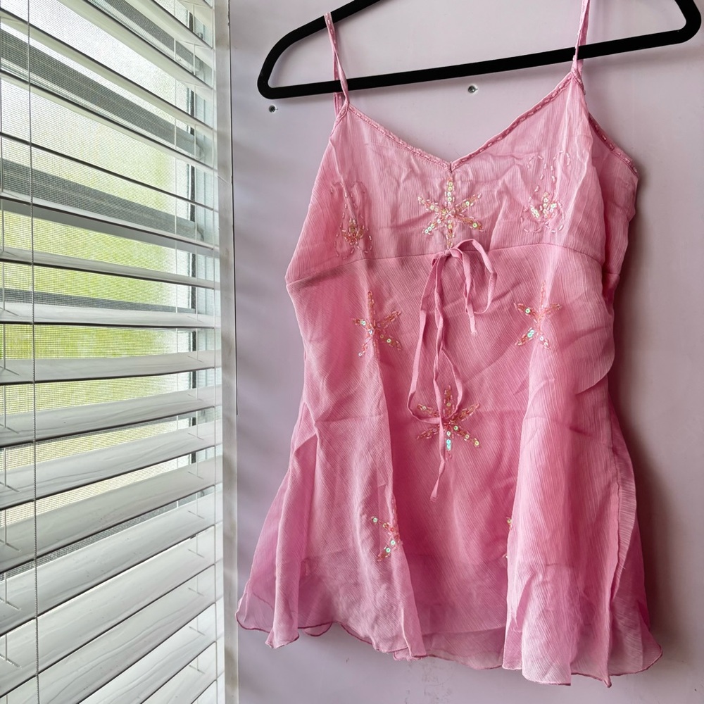 Y2K Pink Sheer Babydoll Tank Top – Sequin Floral Detail (Size L, NWOT)